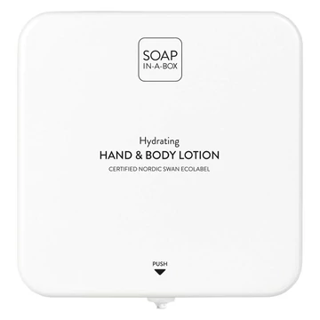 Soap-In-A-Box fényes fehér kéz- és testápoló adagoló, előlap