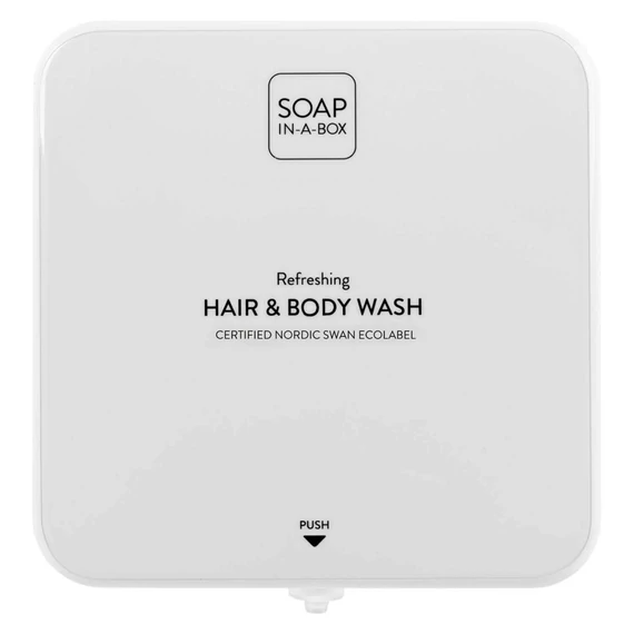 Soap-In-A-Box fényes fehér tusfürdő és sampon adagoló, előlap