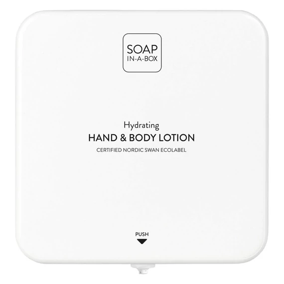 Soap-In-A-Box fényes fehér kéz- és testápoló adagoló, előlap